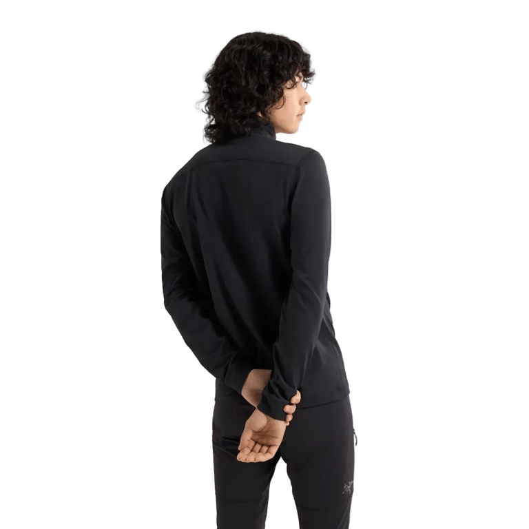 Cropped rear view of a man wearing the Arcteryx Rho LT Zip Neck in Black