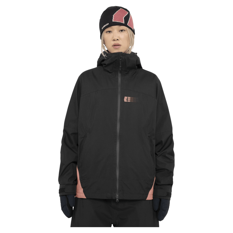 Front view of the Armade Ansel 2L Shell Jacket in Black and Faded Rose colourway, unisex's model