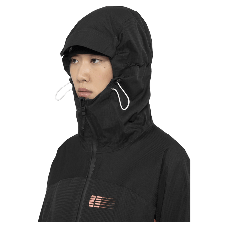 Hood view of the Armade Ansel 2L Shell Jacket in Black and Faded Rose colourway, unisex's model