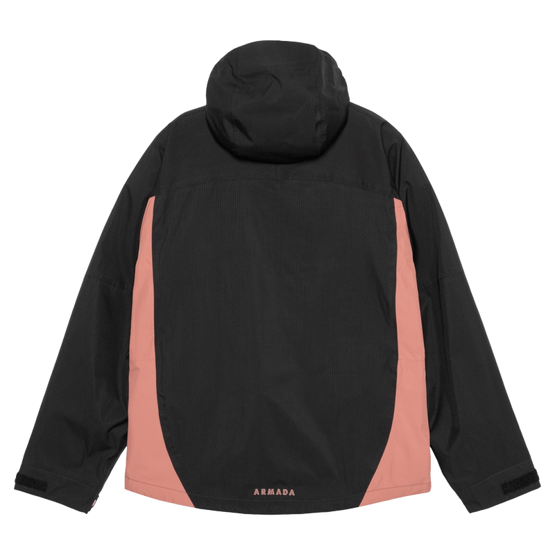 Back view of the Armade Ansel 2L Shell Jacket in Black and Faded Rose colourway, unisex's model