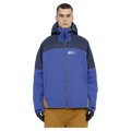Front view of the Armade Ansel 2L Shell Jacket in Dazzler, Navy and Golden Brown colourway, unisex's model