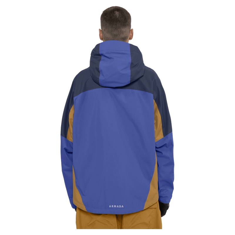 Back view of the Armade Ansel 2L Shell Jacket in Dazzler, Navy and Golden Brown colourway, unisex's model
