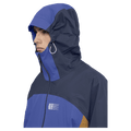 Hood view of the Armade Ansel 2L Shell Jacket in Dazzler, Navy and Golden Brown colourway, unisex's model