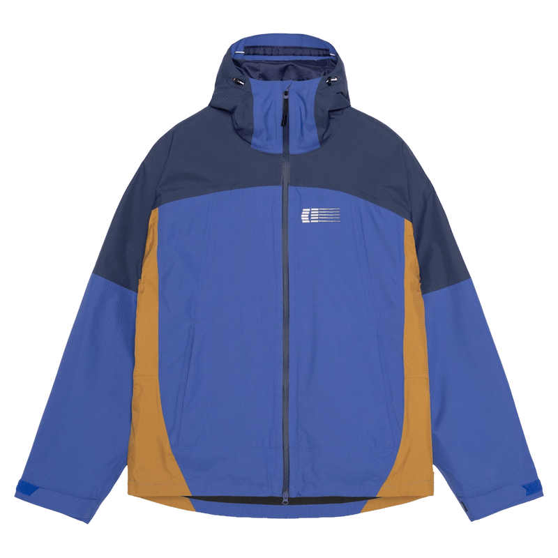Main view of the Armade Ansel 2L Shell Jacket in Dazzler, Navy and Golden Brown colourway, unisex's model