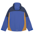 Back view of the Armade Ansel 2L Shell Jacket in Dazzler, Navy and Golden Brown colourway, unisex's model
