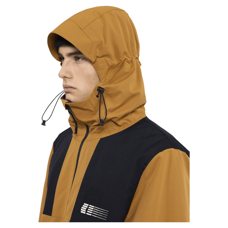 Hood view of the Armada Bargs 2L Insulated Jacket in Dazzler colourway, unisex's model