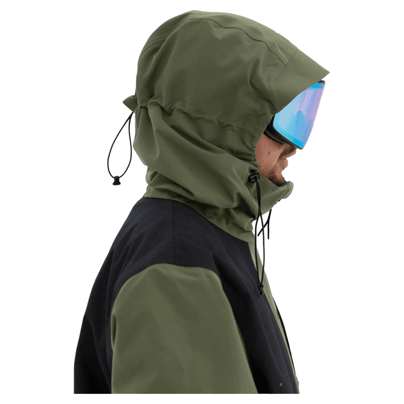 Hood view of the Armada Bargs 2L Insulated Jacket in Olive colourway, unisex's model