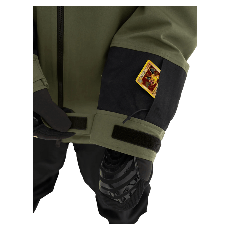 Pass pocket view of the Armada Bargs 2L Insulated Jacket in Olive colourway, unisex's model