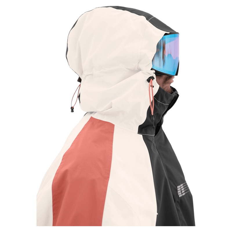 Hood view of the Armada Gansett 2L Insulated Jacket in black, cream and faded rose colourway, unisex's model
