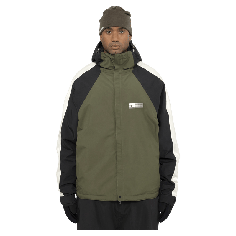 Front view of the Armada Gansett 2L Insulated Jacket in olive, black and cream colourway, unisex's model