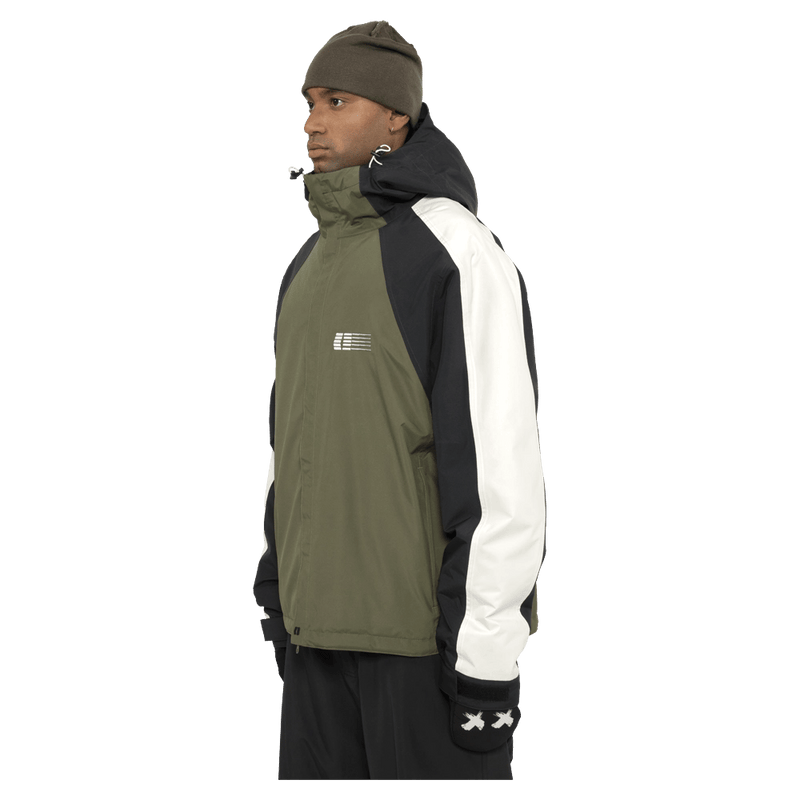 Side view of the Armada Gansett 2L Insulated Jacket in olive, black and cream colourway, unisex's model
