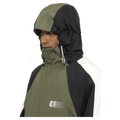 Hood view of the Armada Gansett 2L Insulated Jacket in olive, black and cream colourway, unisex's model