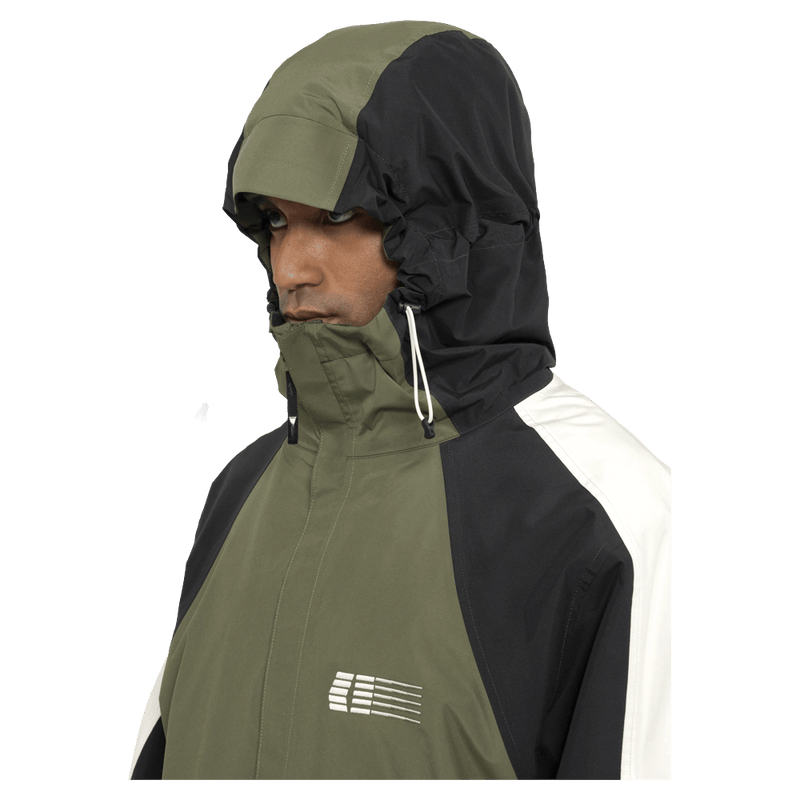 Hood view of the Armada Gansett 2L Insulated Jacket in olive, black and cream colourway, unisex's model