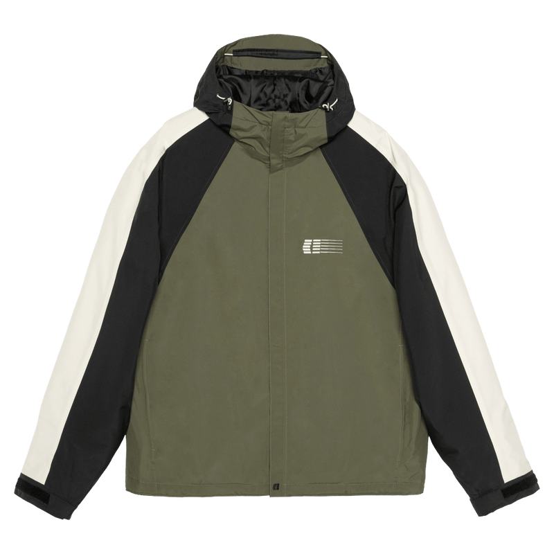Front view of the Armada Gansett 2L Insulated Jacket in olive, black and cream colourway, unisex's model