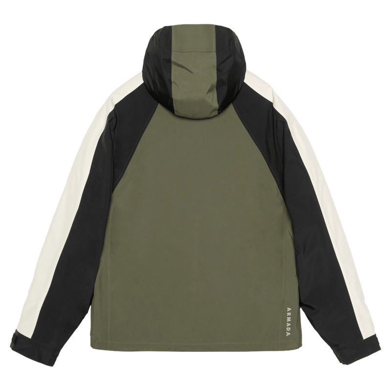 Back view of the Armada Gansett 2L Insulated Jacket in olive, black and cream colourway, unisex's model