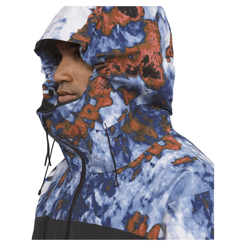 Hood view of the Armada Grands 3L Jacket in acid house and black colourway, men's model