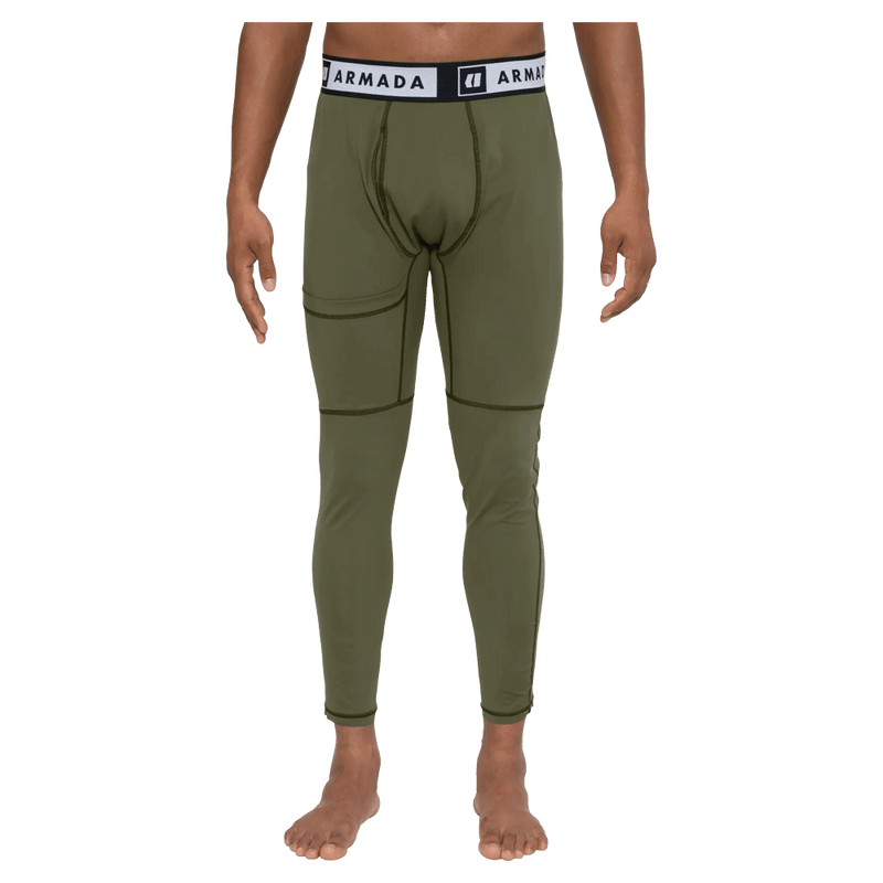 Front view of the Armada Hoopler Baselayer Bottom in Olive colourway, unisex's model