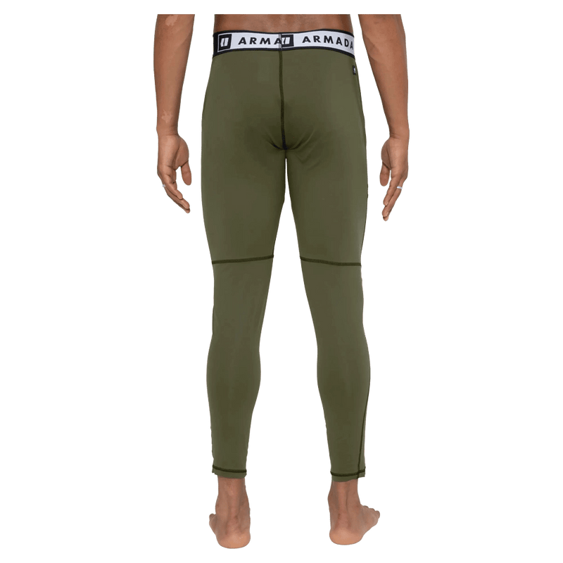 Back view of the Armada Hoopler Baselayer Bottom in Olive colourway, unisex's model