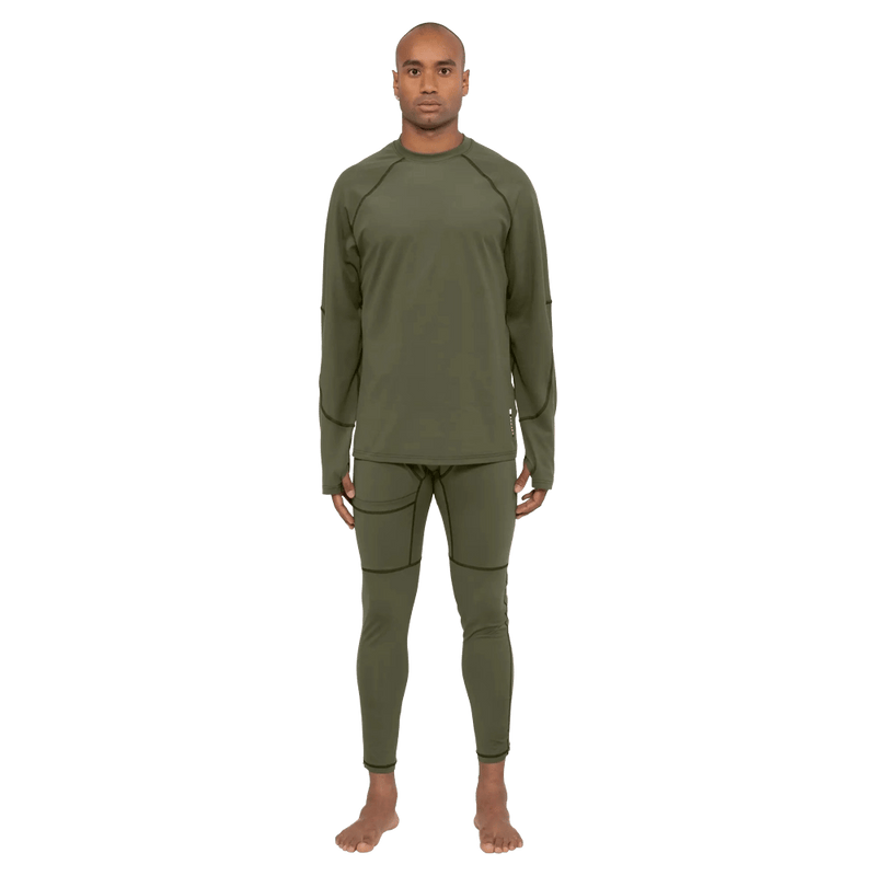 Full-body view of the Armada Hoopler Baselayer Bottom in Olive colourway, unisex's model