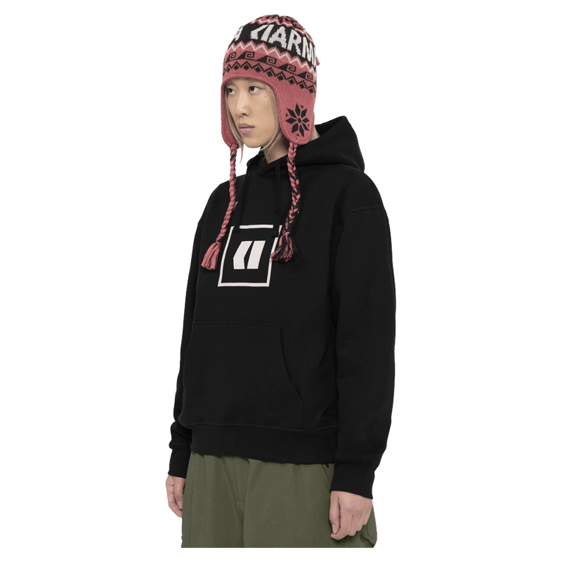 Side view of the Armada Icon Hoodie in Black colourway, unisex's model