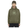 Front view of the Armada Icon Hoodie in Olive colourway, unisex's model