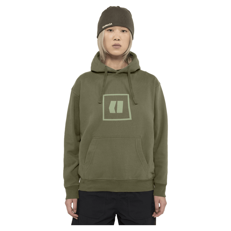 Front view of the Armada Icon Hoodie in Olive colourway, unisex's model