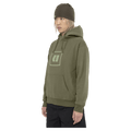 Side view of the Armada Icon Hoodie in Olive colourway, unisex's model