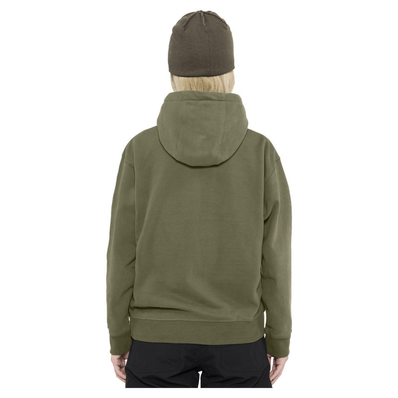 Back view of the Armada Icon Hoodie in Olive colourway, unisex's model