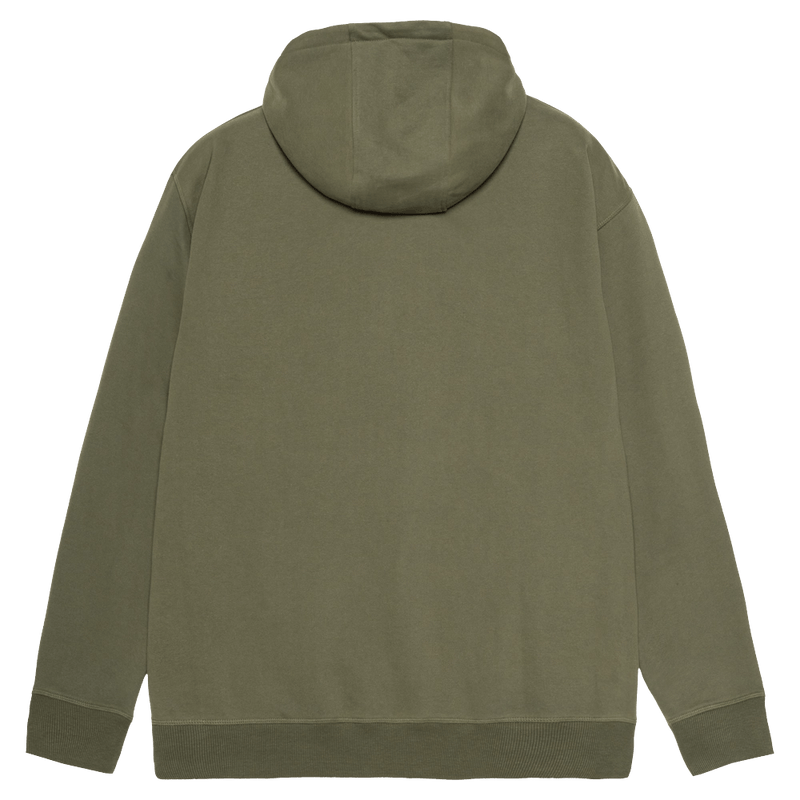 Back view of the Armada Icon Hoodie in Olive colourway, unisex's model