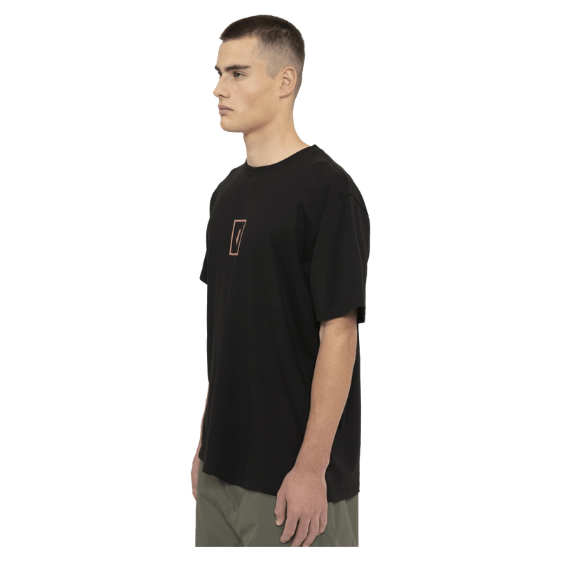 Side view of the Armada Icon Tee in Black colourway, unisex's model