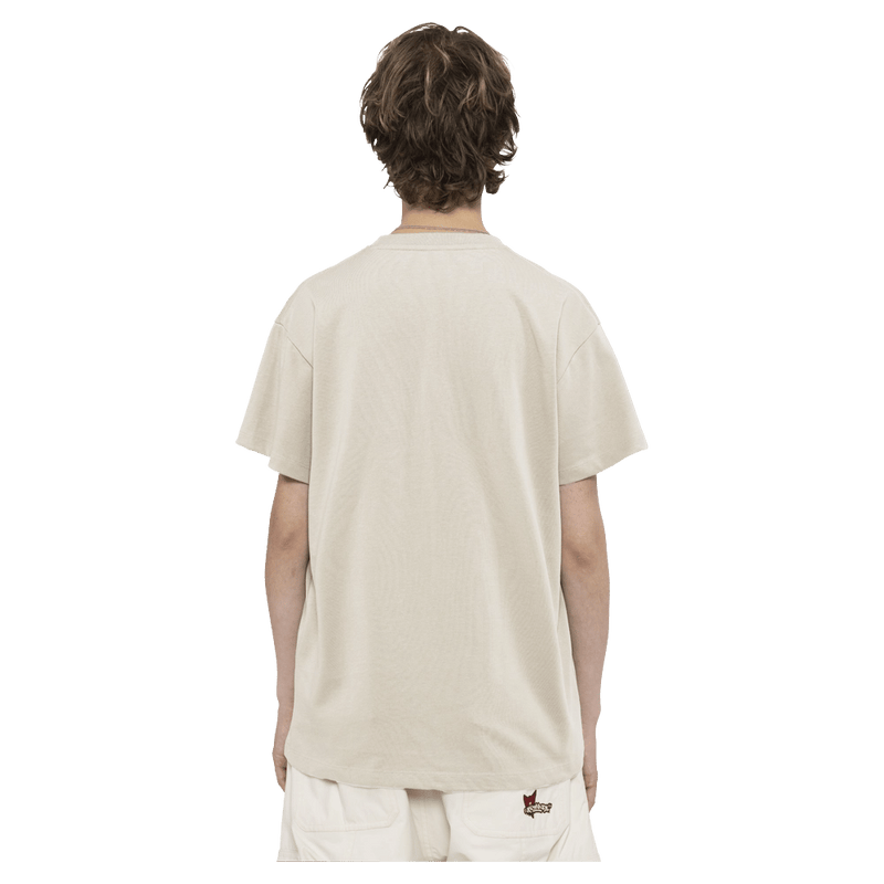 Back view of the Armada Icon Tee in Cream colourway, unisex's model