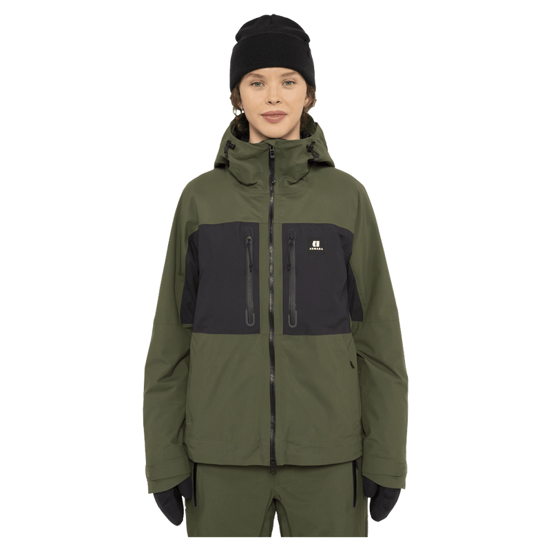 Front view of the Armada Kata 2L Jacket in Olive colourway, womens's model