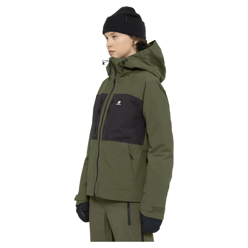 Side view of the Armada Kata 2L Jacket in Olive colourway, womens's model