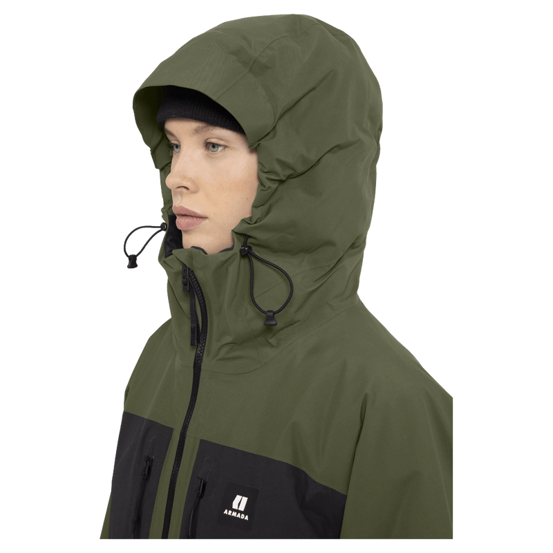 Hood view of the Armada Kata 2L Jacket in Olive colourway, womens's model