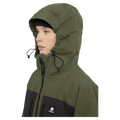 Hood view of the Armada Kata 2L Jacket in Olive colourway, womens's model