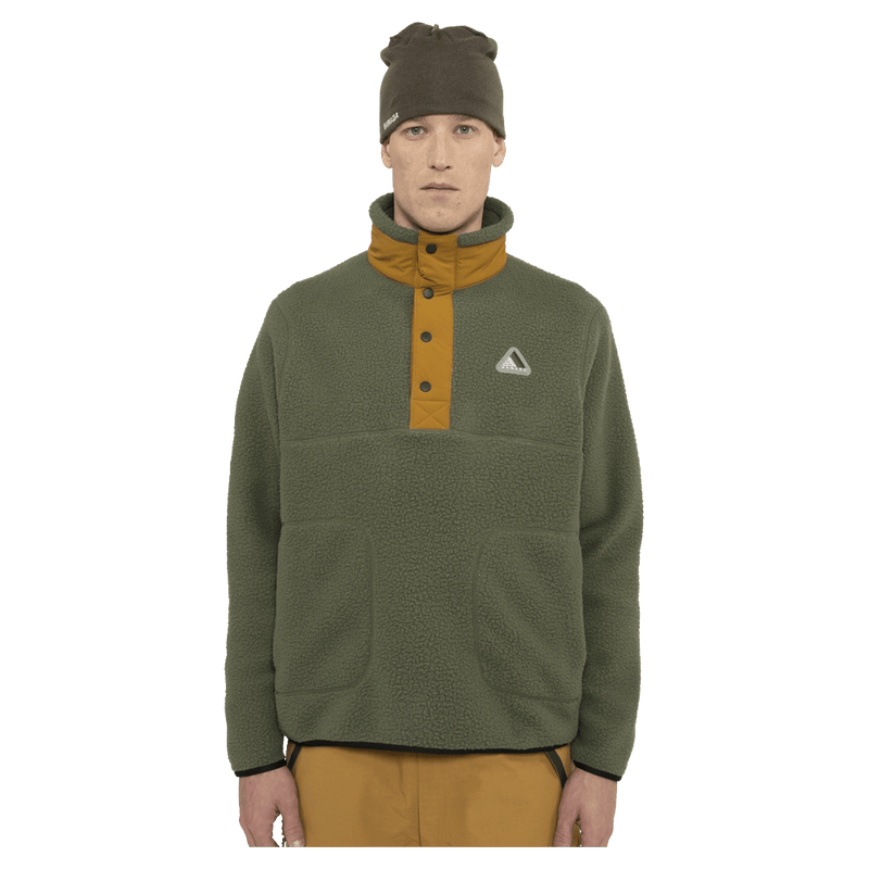 Front view of the Armada Kenlem Fleece Popover in Olive colourway, unisex's model
