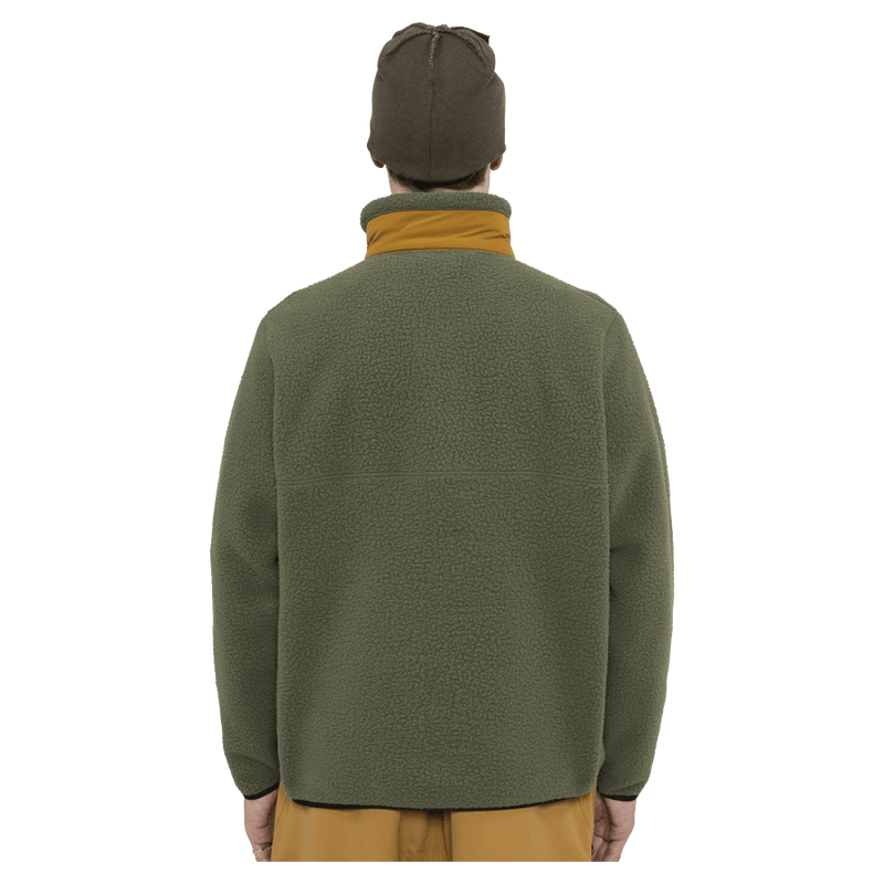 Back view of the Armada Kenlem Fleece Popover in Olive colourway, unisex's model
