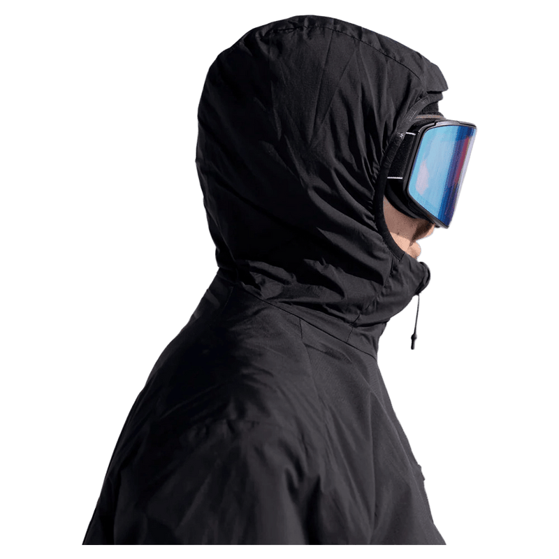 Hood view of the Armada Locator Stretch Insulator in black colourway, unisex's model