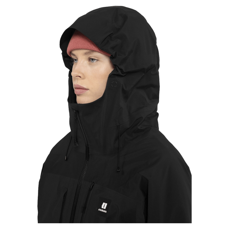 Hood view of the Armada Pavara 3L Jacket in Black colourway, women's model