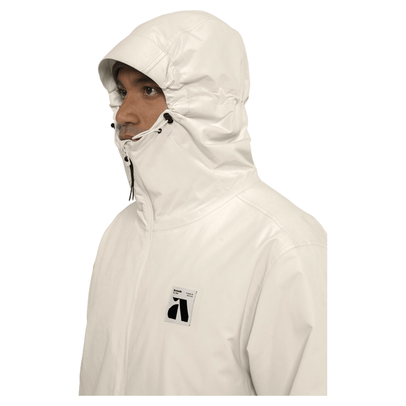 Hood view of the Armada Reedy 2L Jacket in Cream colourway, men's model