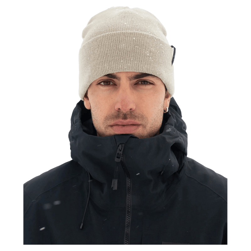 Model view of the Armada Staple Beanie, cream and black
