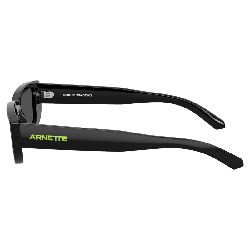 Side view of the Arnette AL Sunglasses in Black, Dark Grey lens, unisex model
