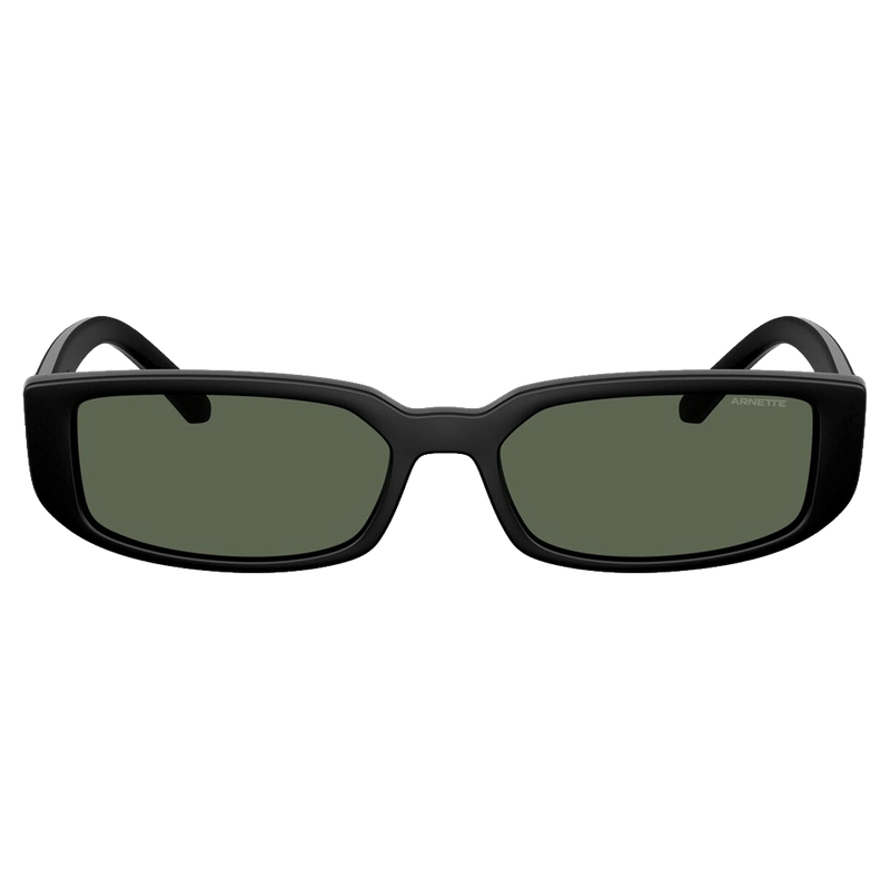 Front view of the Arnette Jet Sunglasses in Matte Black, Dark Green lens, unisex model