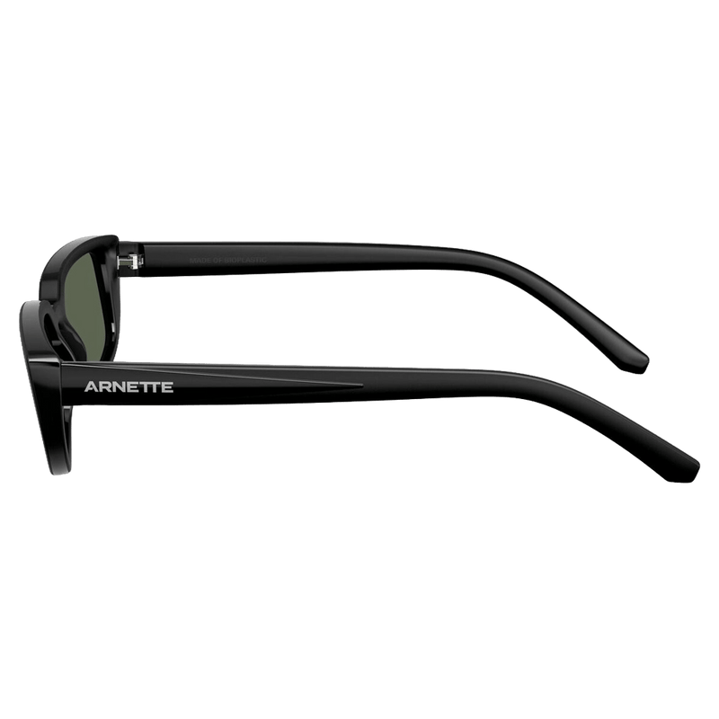 Side view of the Arnette Jet Sunglasses in Matte Black, Dark Green lens, unisex model