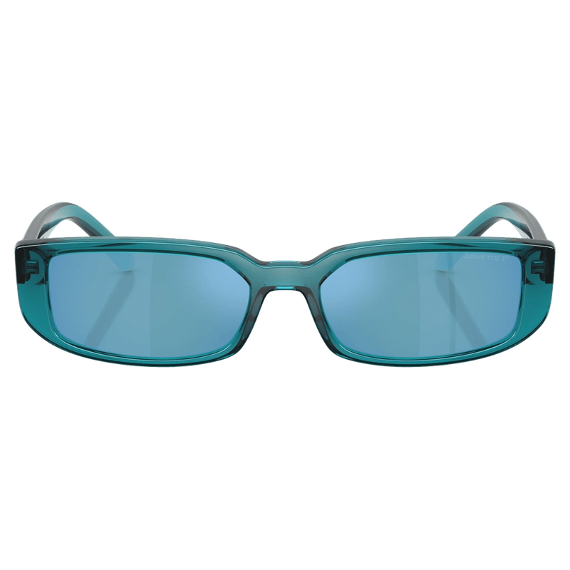 Front view of the Arnette Jet Sunglasses in Transparent Blue, Dark Grey lens, unisex model