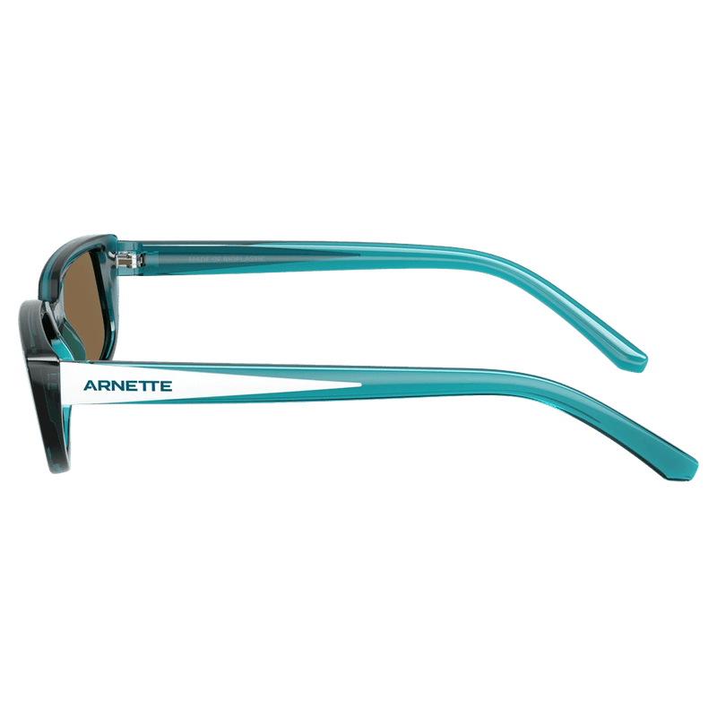 Side view of the Arnette Jet Sunglasses in Transparent Blue, Dark Grey lens, unisex model