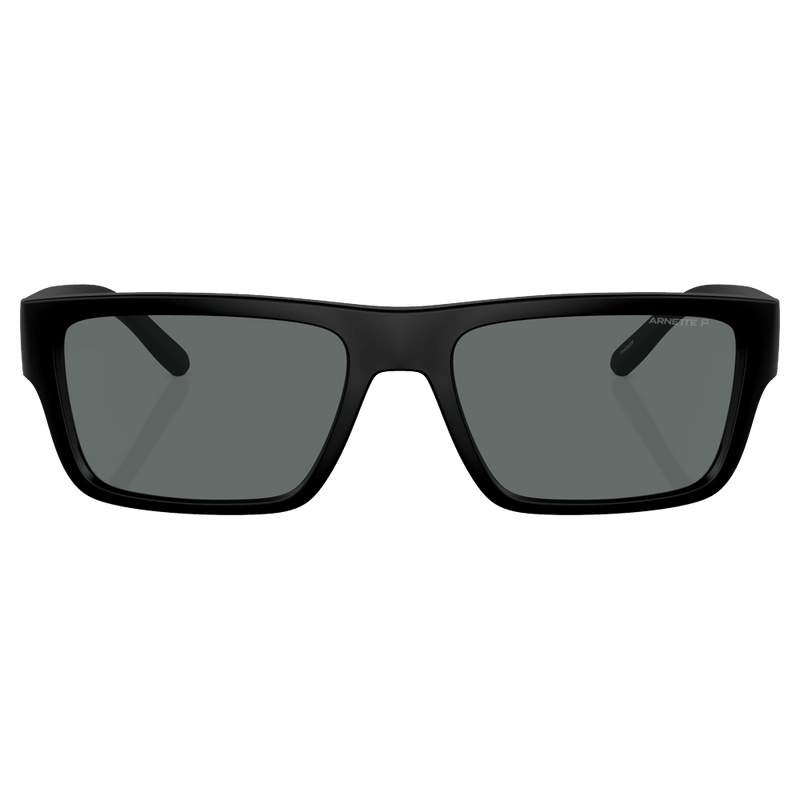 Front view of the Arnette Phoxer Sunglasses in Matte Recycled Black, Polar Dark Grey lens, unisex model