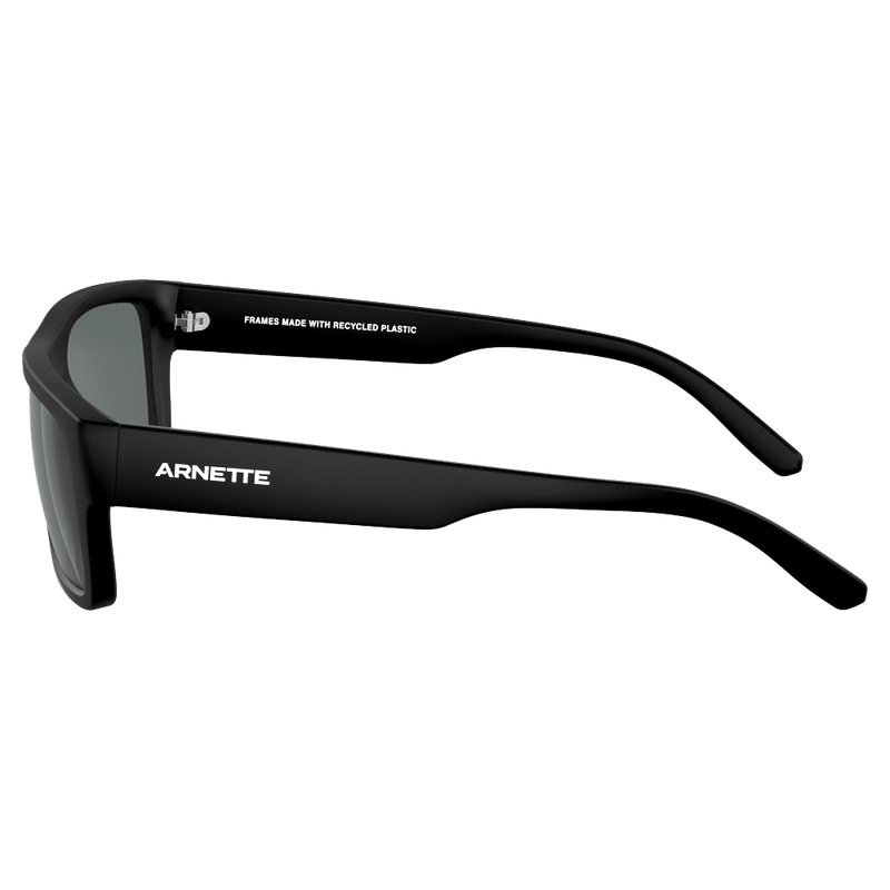 Side view of the Arnette Phoxer Sunglasses in Matte Recycled Black, Polar Dark Grey lens, unisex model