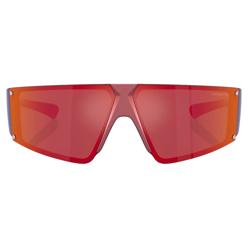 Front view of the Arnette Saturnya Sunglasses in Aluminia Burgandy, Dark Grey Mirror Red lens, unisex model