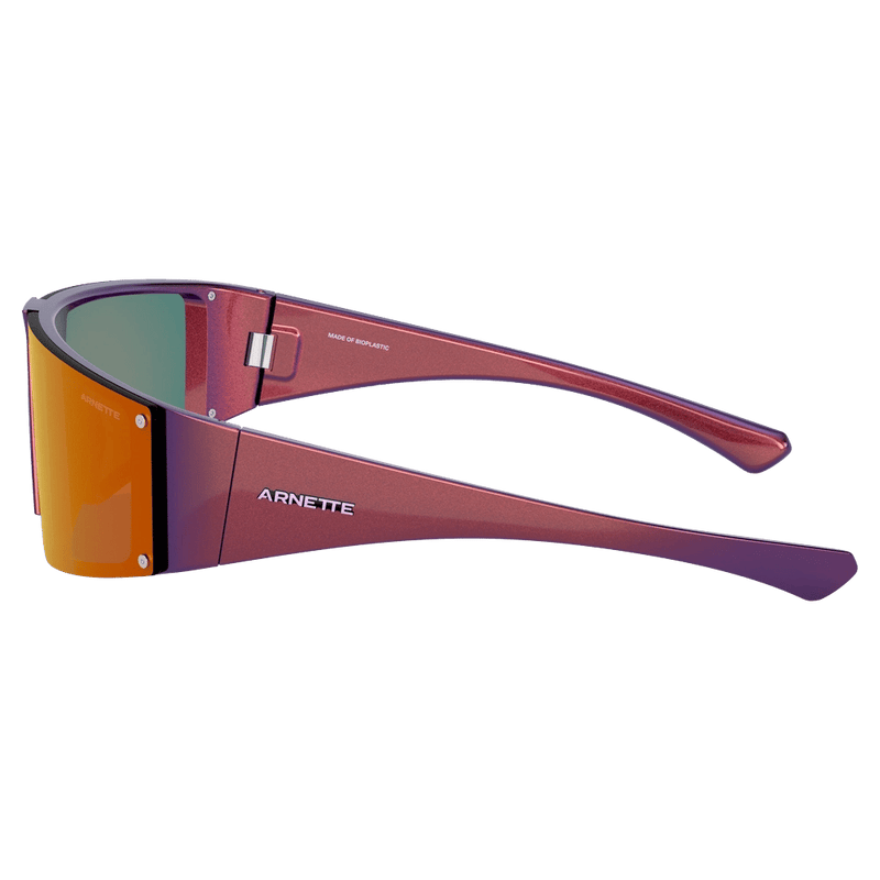 Side view of the Arnette Saturnya Sunglasses in Aluminia Burgandy, Dark Grey Mirror Red lens, unisex model